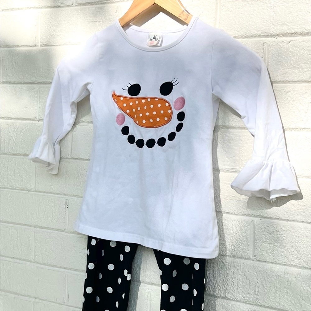 Girl Appliqué Snowman Shirt and Ruffle Polka Dot Pants